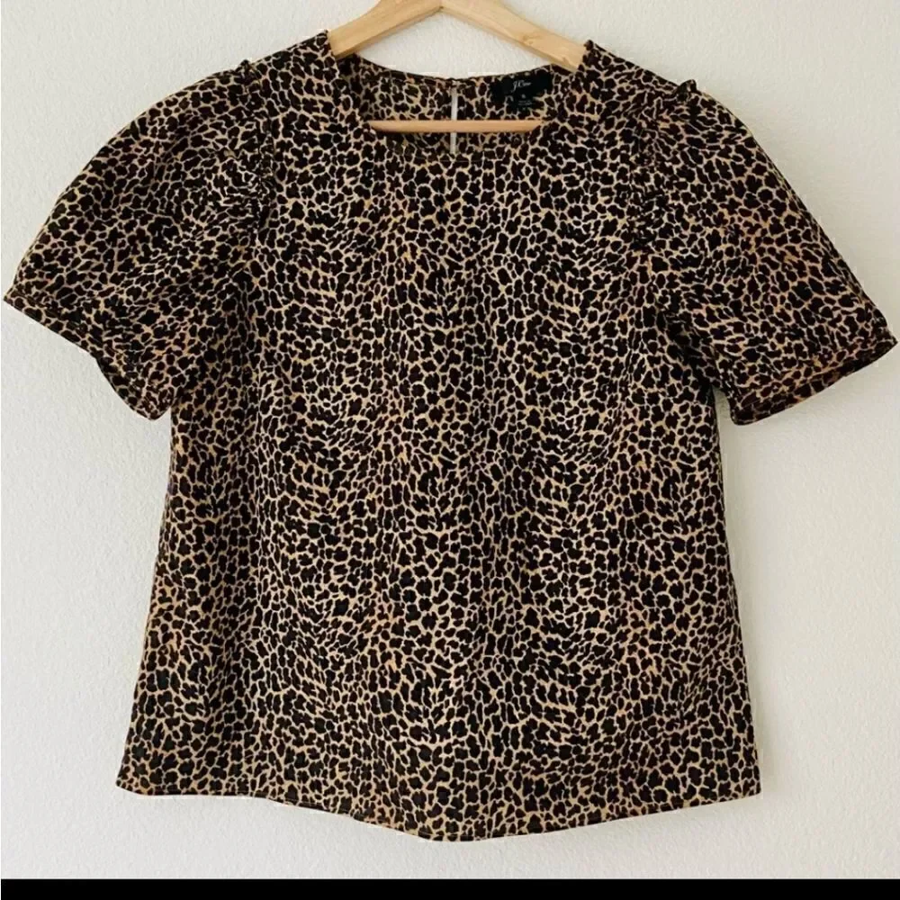 J CREW  Animal Print Puffed Sleeve Ruffle Top
